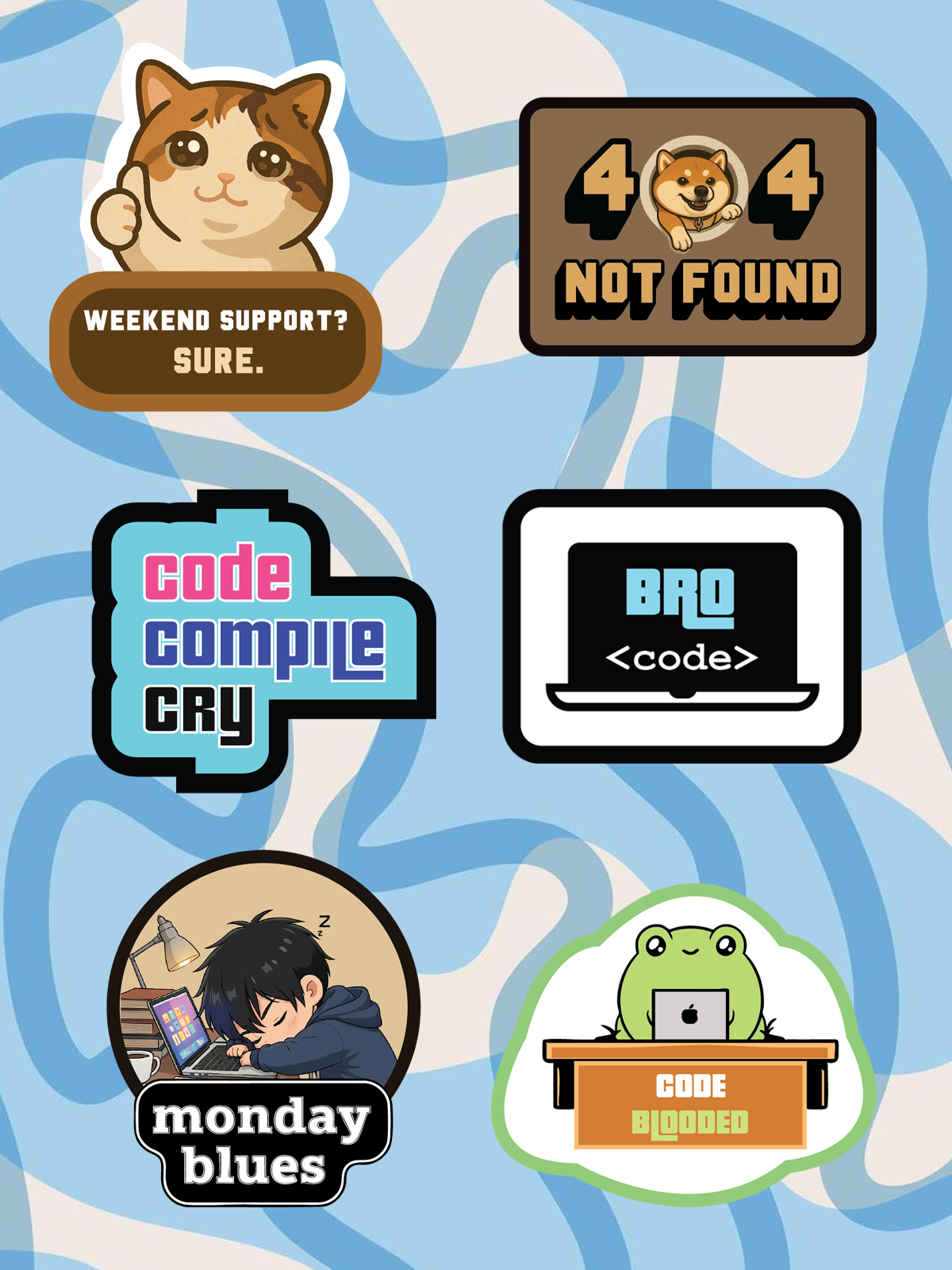 Coding-themed sticker collection banner featuring cute tech stickers, including a cat support sticker, 404 dog design, laptop code sticker, Monday blues anime sticker, and frog coder sticker on a blue wavy background.