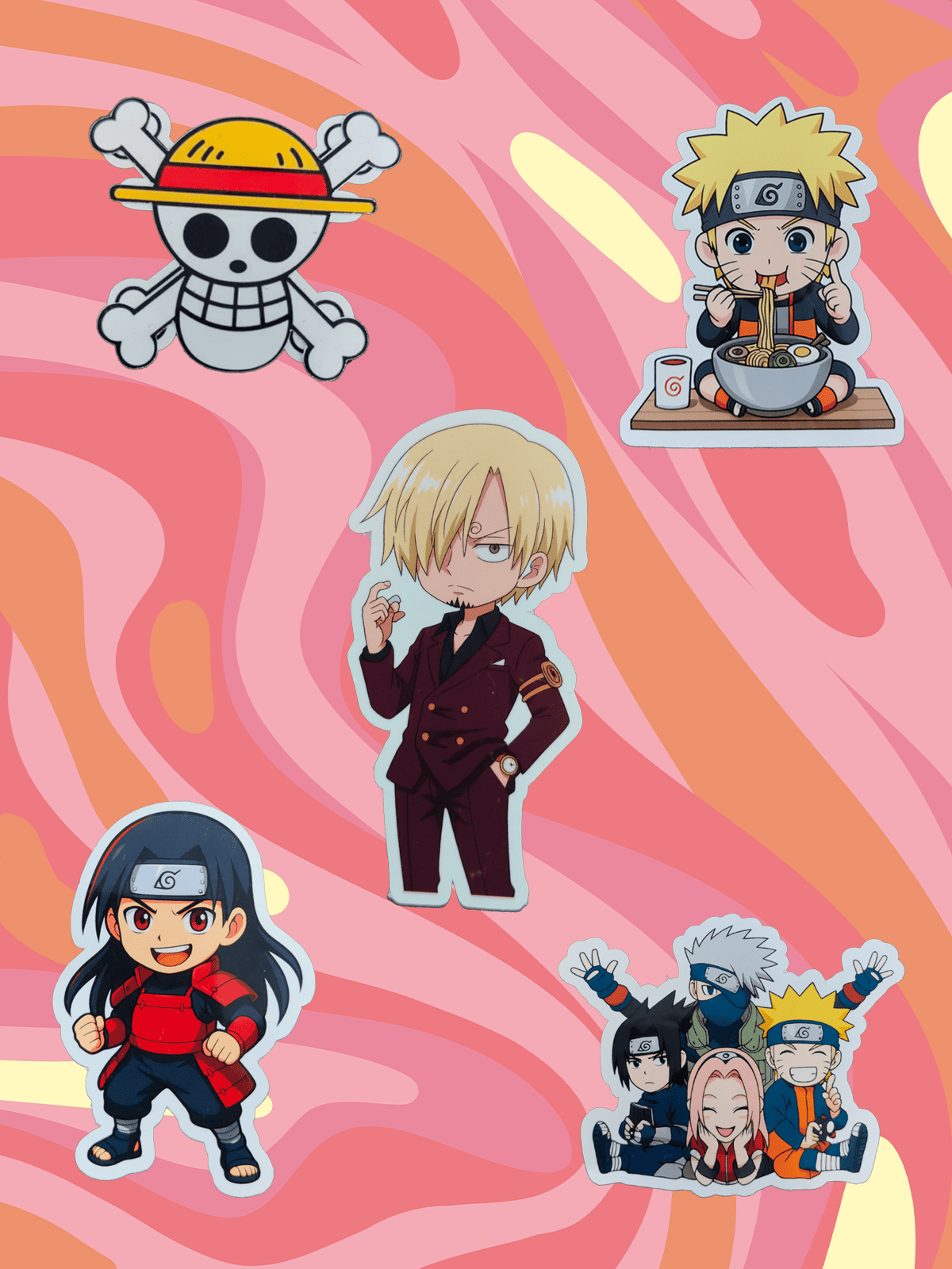 Anime sticker collection banner featuring chibi-style ninja and pirate-inspired designs, including a ramen-eating character, suited blond character, ninja group sticker, and skull emblem on a pink wavy background.