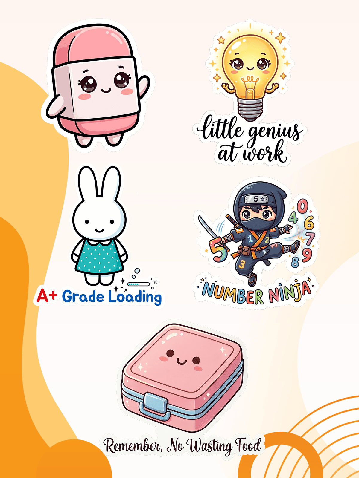 Kids school sticker collection banner featuring cute learning-themed designs, including an eraser, lightbulb, A+ grade bunny, number ninja, and lunch box reminder sticker on a soft cream and orange background.