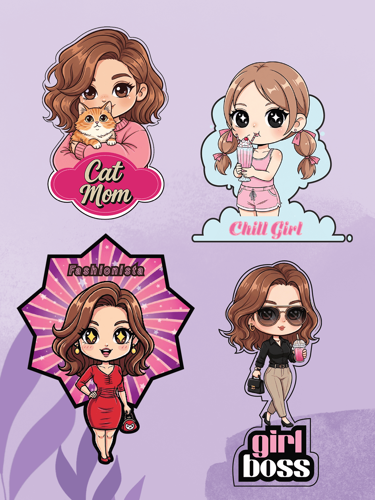 Girly sticker collection banner featuring cute chibi-style designs, including Cat Mom, Chill Girl, Fashionista, and Girl Boss stickers on a soft purple background.