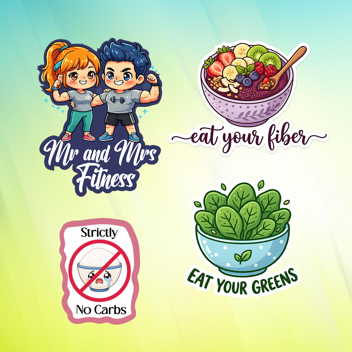 Fitness sticker collection banner featuring cute health-themed designs, including Mr and Mrs Fitness, eat your fiber smoothie bowl, no carbs rice sticker, and eat your greens bowl on a green gradient background.