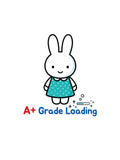 A+ Grade Loading sticker featuring a cute white bunny in a teal polka-dot dress with a small loading bar and colorful school-themed text.