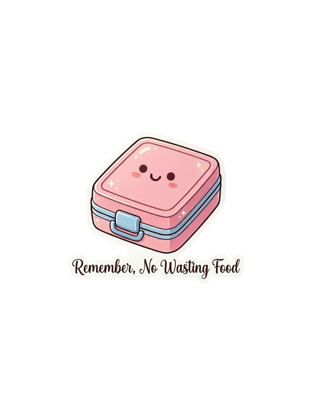 Remember, No Wasting Food sticker featuring a cute pink lunch box with a smiling face, blue latch, sparkles, and brown script text on a black background.