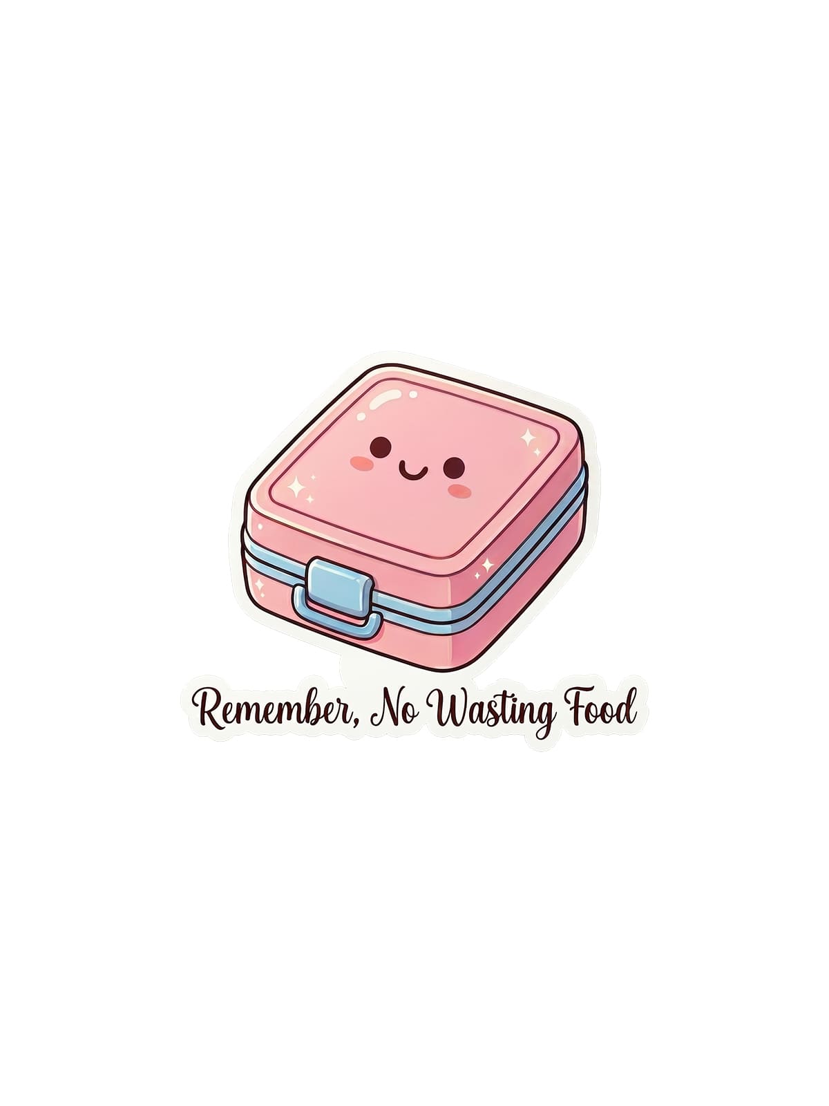 Remember, No Wasting Food sticker featuring a cute pink lunch box with a smiling face, blue latch, sparkles, and brown script text on a black background.