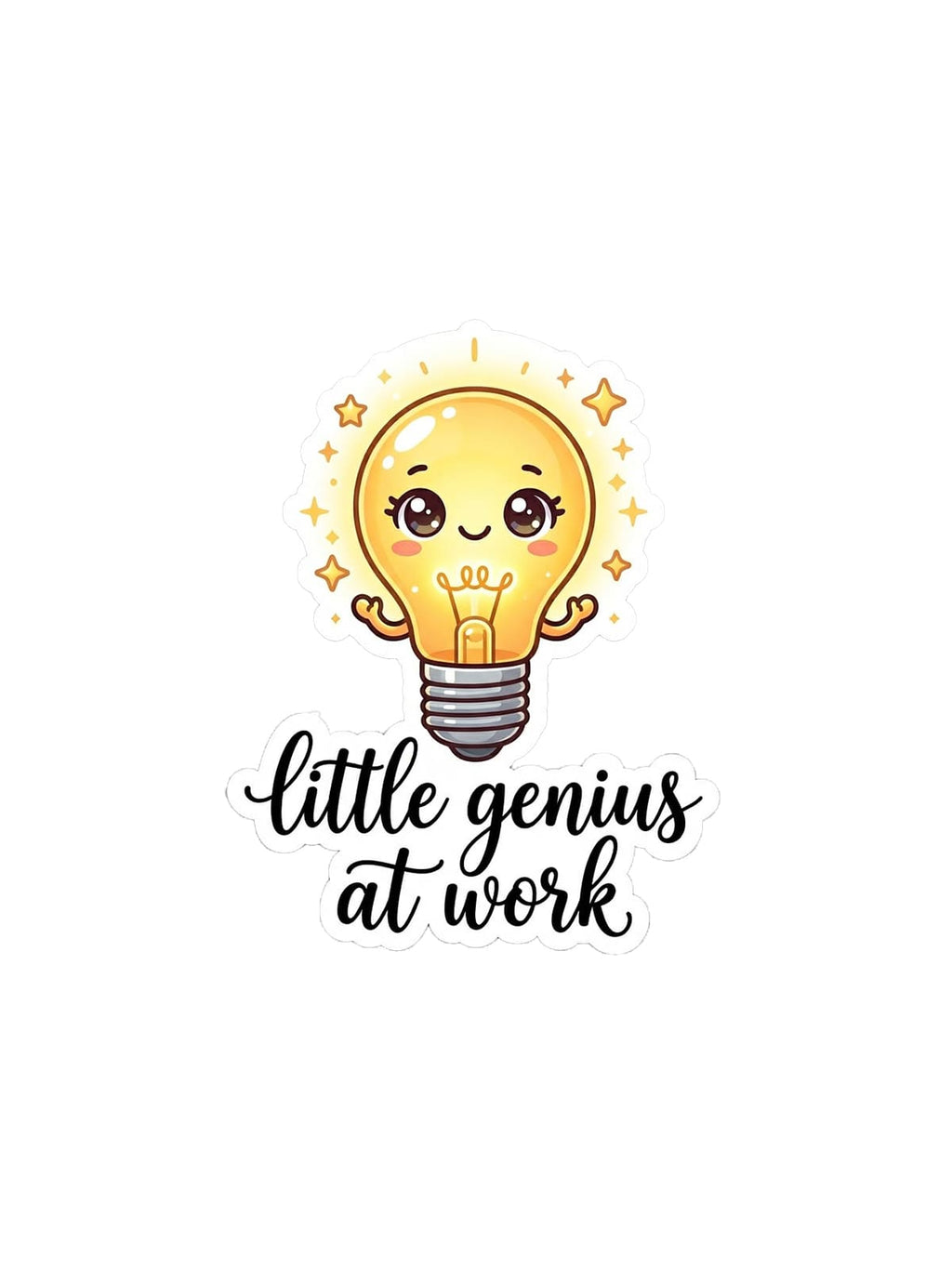Little Genius at Work sticker featuring a cute smiling lightbulb with sparkles and bold black script text on a white background.