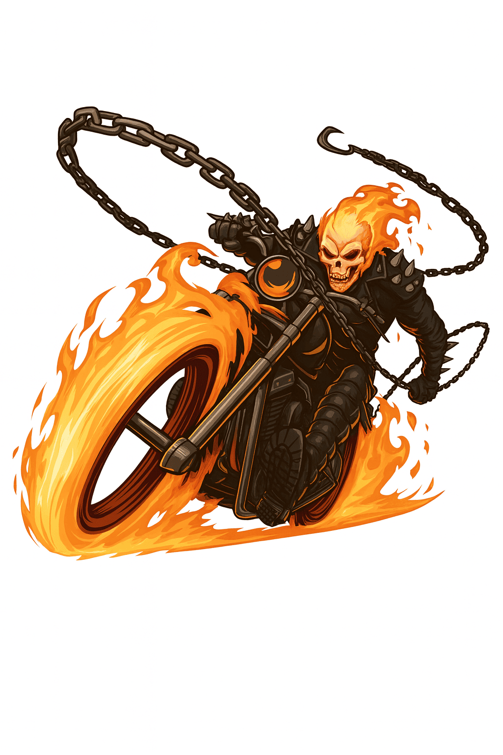 A stylized illustration of a ghost rider on a flaming motorcycle with a chain attached to the handlebar, shown on a plain white background.