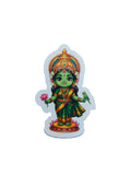Chibi-style Meenakshi Amman devotional sticker featuring a green goddess in a traditional saree, gold crown, lotus flower, and parrot on a black background.