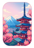 Japan travel sticker featuring Mount Fuji, a traditional pagoda, and pink cherry blossoms in a soft pastel illustration style.