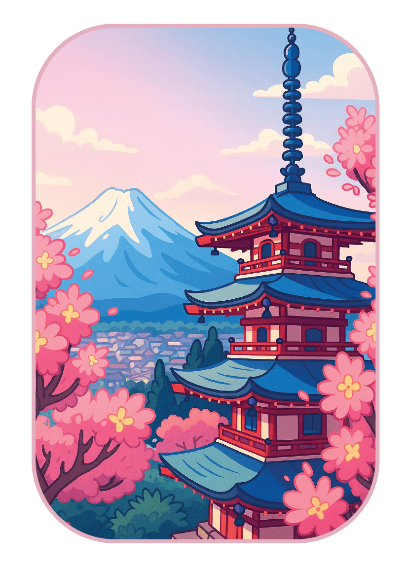 Japan travel sticker featuring Mount Fuji, a traditional pagoda, and pink cherry blossoms in a soft pastel illustration style.