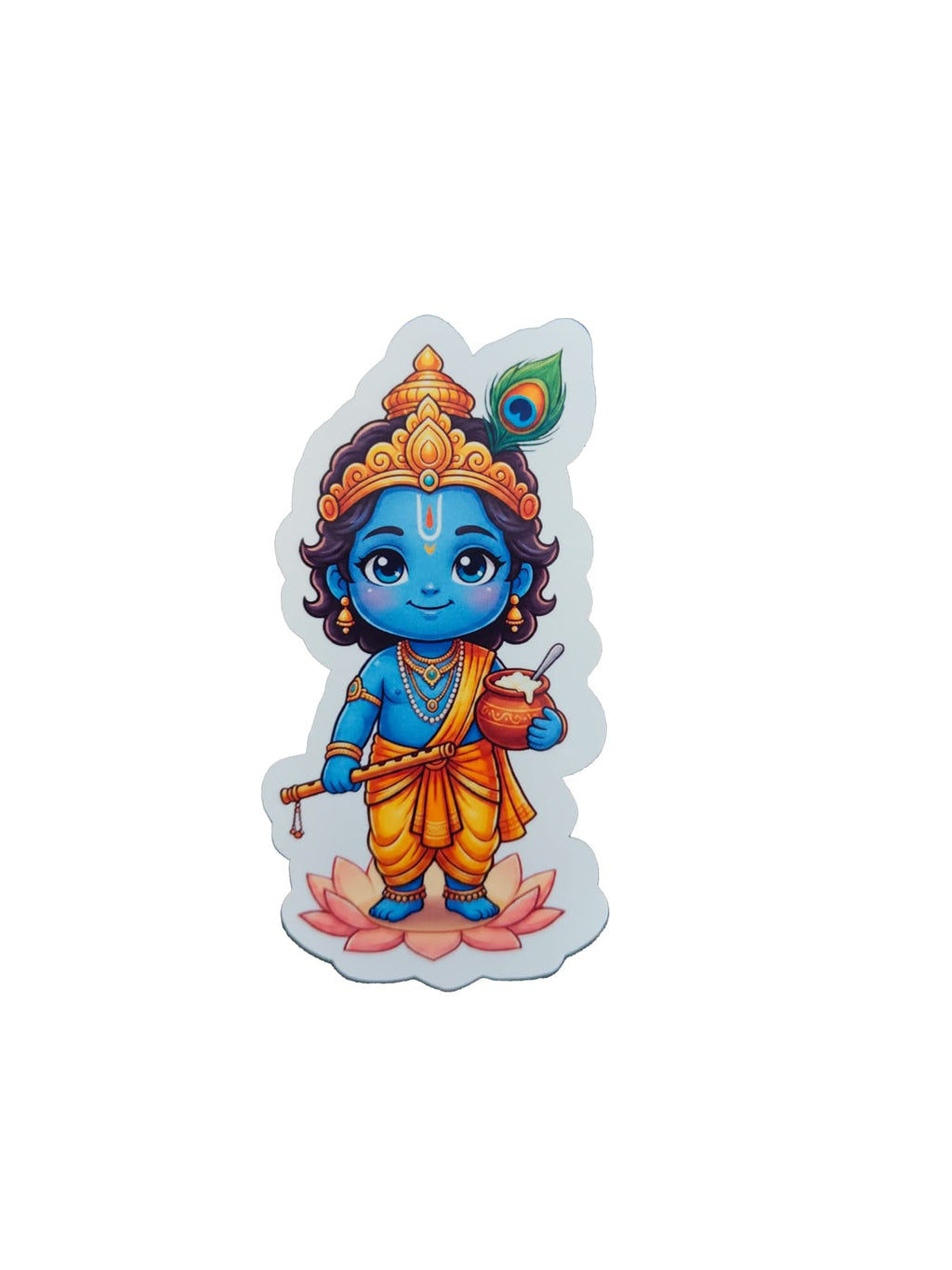 Chibi-style Lord Krishna devotional sticker featuring a blue Krishna holding a flute and butter pot, wearing a gold crown with a peacock feather on a transparent background.