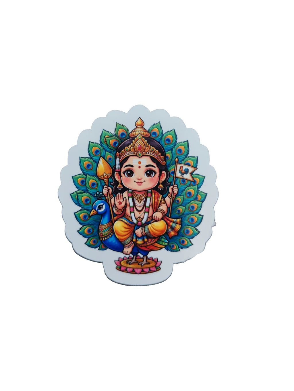 Chibi-style Lord Murugan devotional sticker featuring a colorful peacock feather backdrop, peacock mount, spear, and flag on a black background.