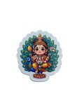 Chibi-style Lord Murugan devotional sticker featuring a colorful peacock feather backdrop, peacock mount, spear, and flag on a black background.