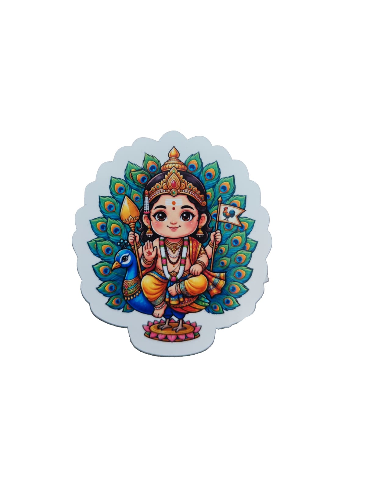 Chibi-style Lord Murugan devotional sticker featuring a colorful peacock feather backdrop, peacock mount, spear, and flag on a black background.