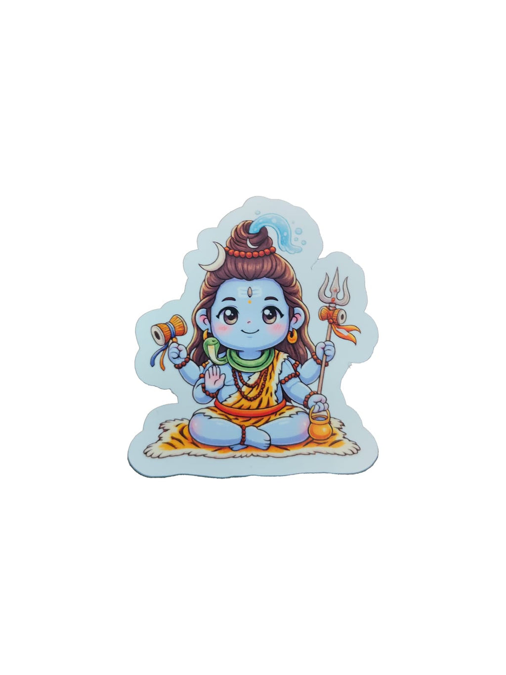 Chibi-style Lord Shiva devotional sticker featuring Shiva seated on a tiger skin with a trident, damaru, snake, crescent moon, and flowing Ganga on a white background.