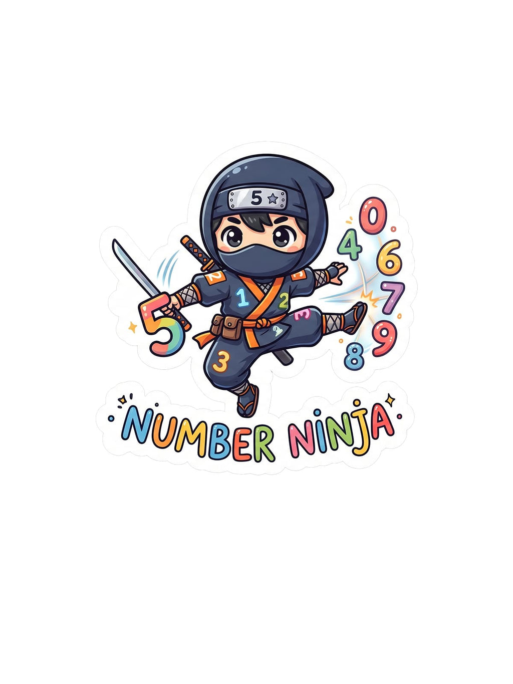 Number Ninja sticker featuring a cute chibi ninja holding a sword, surrounded by colorful numbers and playful “Number Ninja” text on a white background.