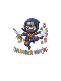 Number Ninja sticker featuring a cute chibi ninja holding a sword, surrounded by colorful numbers and playful “Number Ninja” text on a white background.