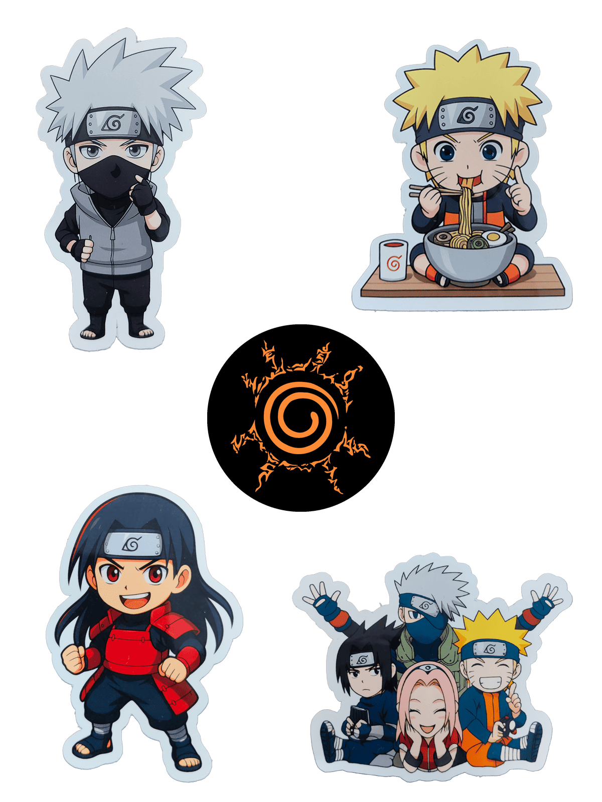 Four Naruto character die-cut stickers on a plain white background: Kakashi Hatake, Naruto, Sasuke Uchiha, and a group of four chibi characters, plus a circular sticker with the orange Rasengan symbol.