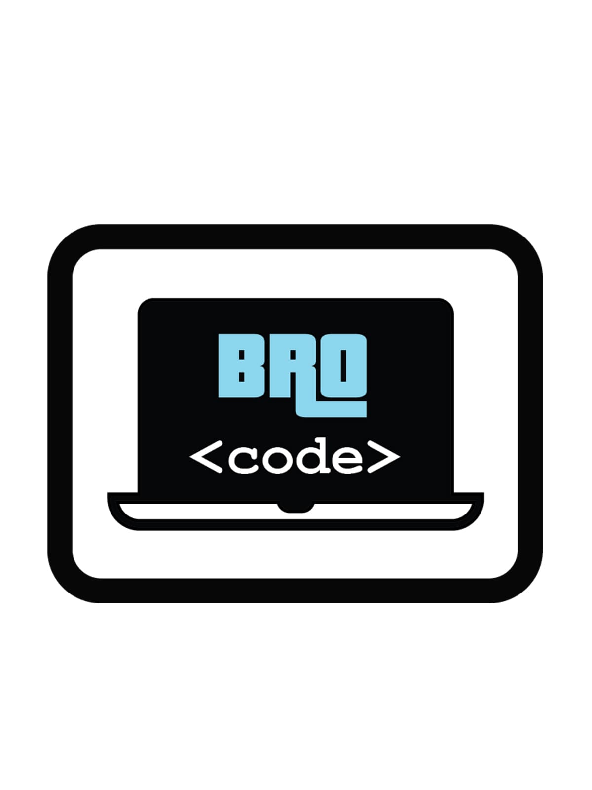 A black and white graphic icon of a laptop with a black screen displaying the text "Bro Code" in light blue and white, set against a solid white background.