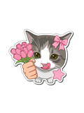 A cartoon-style die-cut sticker of a gray and white cat holding pink tulips, with a pink bow on its head and a pink star near its front paw, shown on a plain white background.
