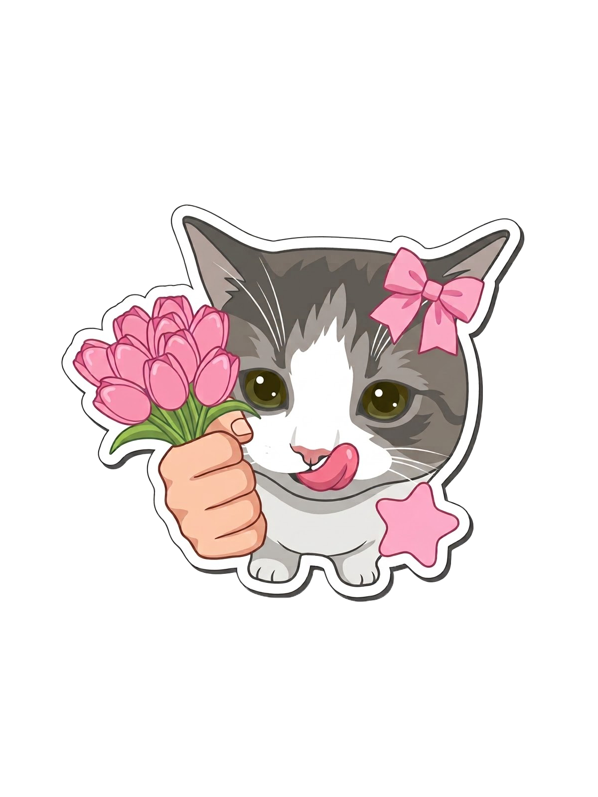 A cartoon-style die-cut sticker of a gray and white cat holding pink tulips, with a pink bow on its head and a pink star near its front paw, shown on a plain white background.