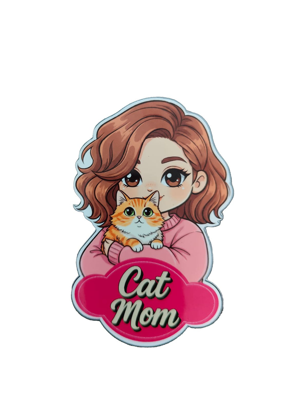 Cat Mom sticker featuring a cute chibi girl in a pink sweater cuddling an orange cat, with bold “Cat Mom” text on a pink label.