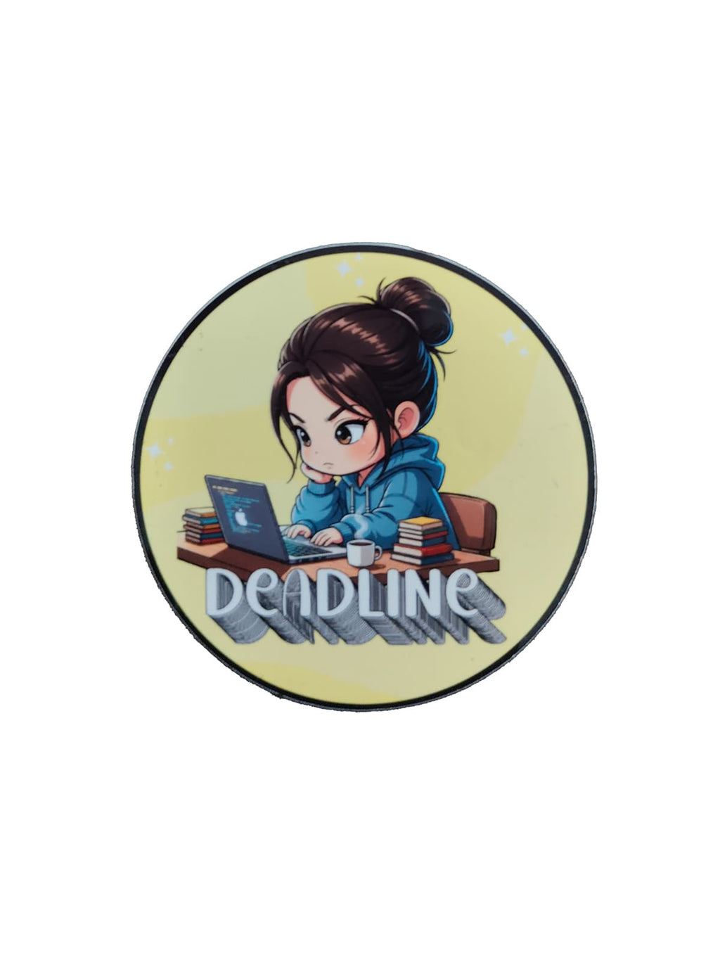 Chibi girl working on a laptop at a desk with books and coffee, featuring bold “Deadline” text in a round yellow sticker design.