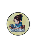 Chibi girl working on a laptop at a desk with books and coffee, featuring bold “Deadline” text in a round yellow sticker design.
