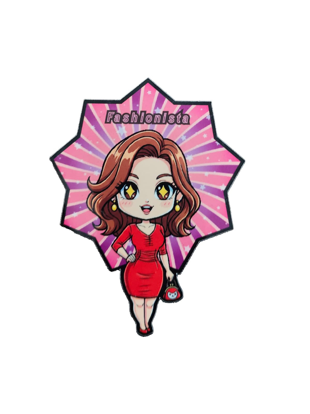Chibi fashion girl in a red dress holding a handbag, standing in front of a pink starburst background with “Fashionista” text.