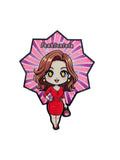 Chibi fashion girl in a red dress holding a handbag, standing in front of a pink starburst background with “Fashionista” text.