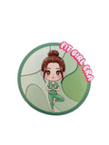 Cute chibi girl doing a yoga pose in a green outfit, with “Fit Girl Era” text on a round green background.