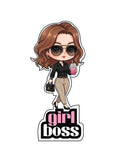 Stylish chibi girl wearing sunglasses, a black shirt, and beige pants, holding a handbag and pink drink with bold “Girl Boss” text