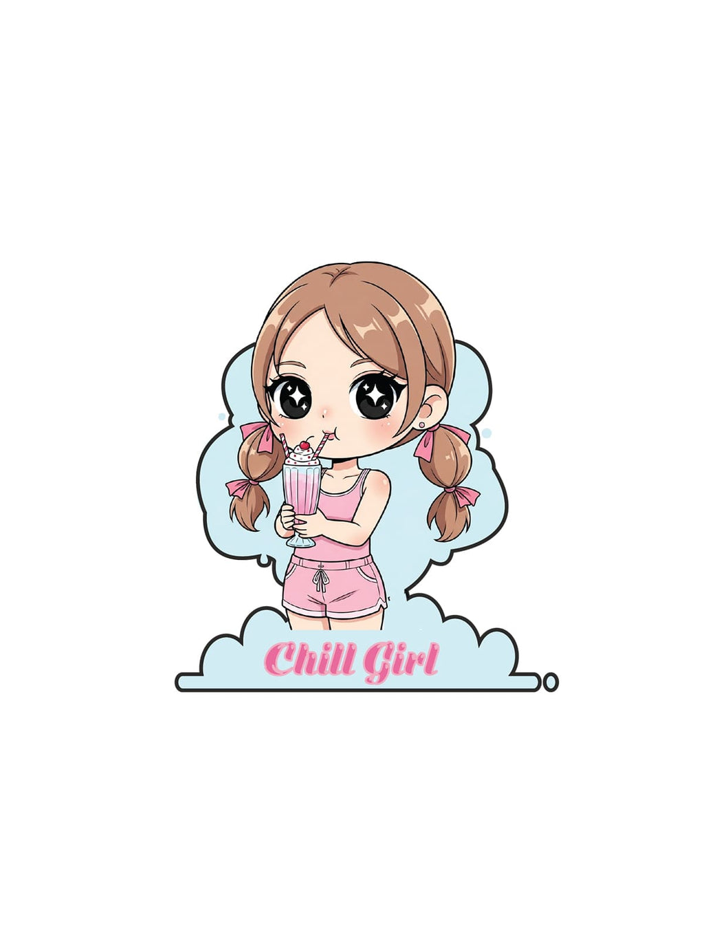 Cute chibi girl with pigtails drinking a pink milkshake, wearing a pink outfit with “Chill Girl” text on a soft blue cloud background