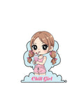 Cute chibi girl with pigtails drinking a pink milkshake, wearing a pink outfit with “Chill Girl” text on a soft blue cloud background