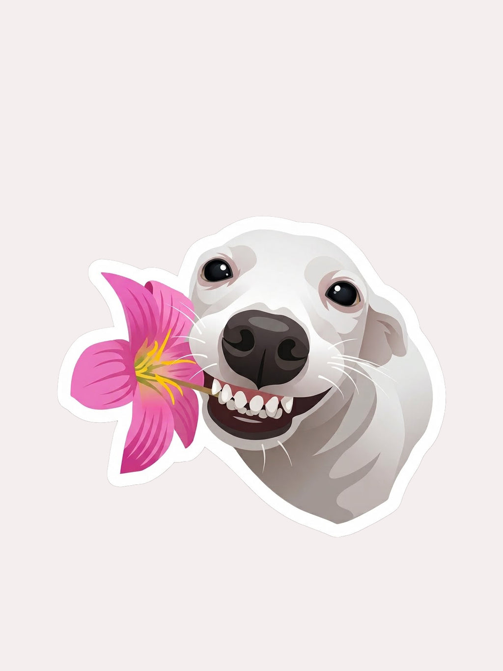 A die-cut sticker featuring a stylized white dog holding a bright pink flower with a yellow center, shown on a light beige background.