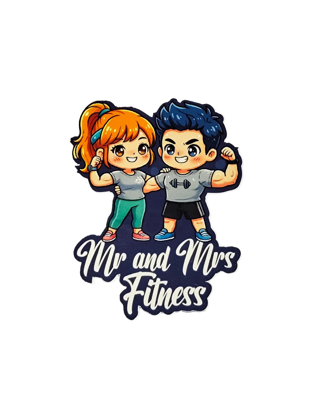Mr and Mrs Fitness sticker featuring a cute chibi couple flexing in workout clothes with bold white lettering on a navy outline background.