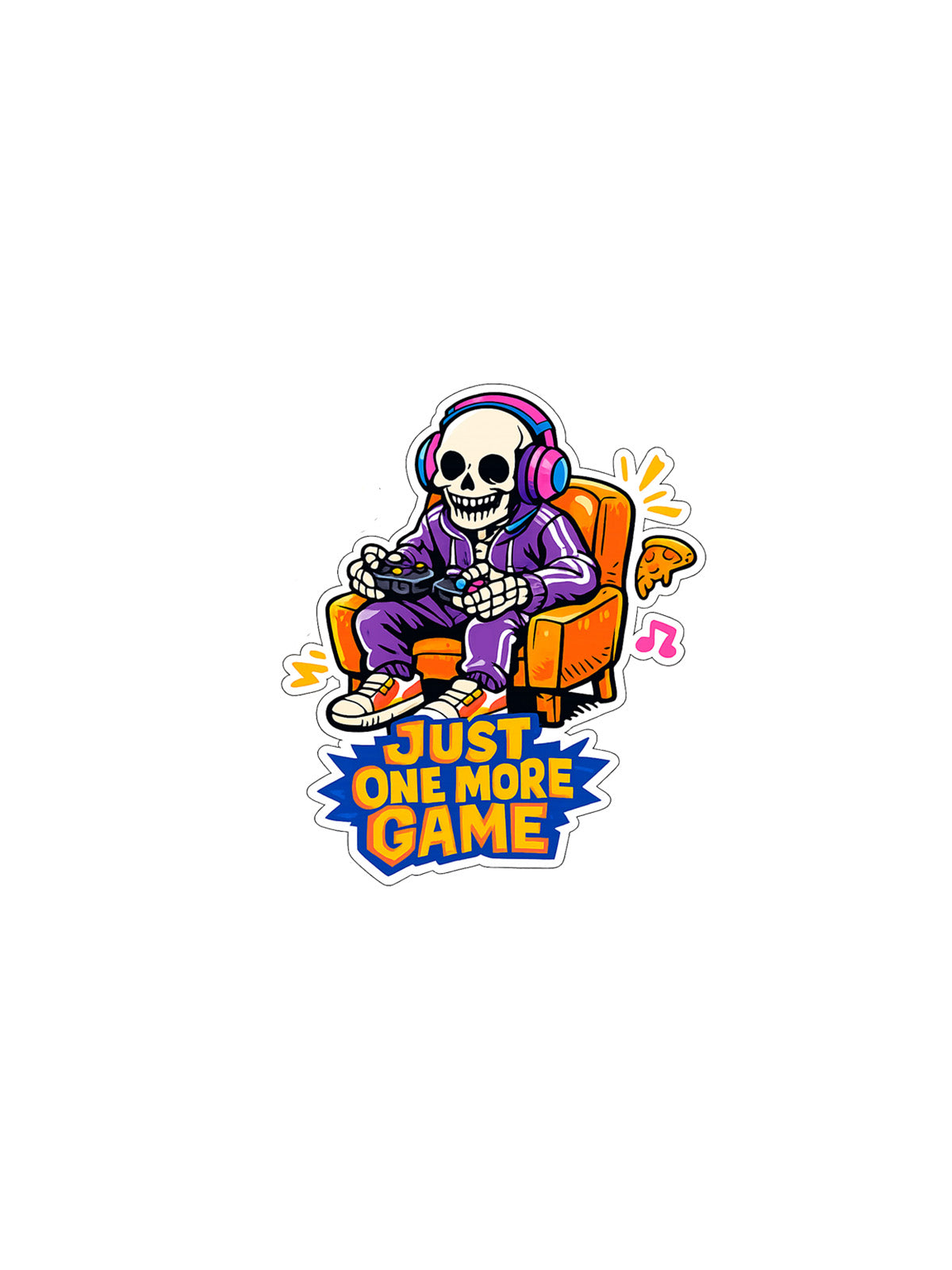 A cartoon sticker or decal showing a white skull wearing purple headphones and a purple outfit, sitting in an orange chair and holding a game controller. Below the character is the text 'JUST ONE MORE GAME' in yellow and blue.