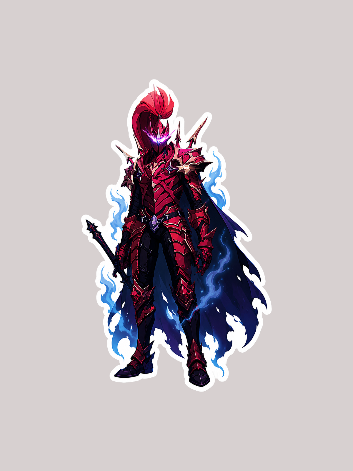 A die-cut sticker featuring an anime-style warrior character in red armor with a flowing dark blue cape and glowing blue energy effects, shown on a plain light gray background.