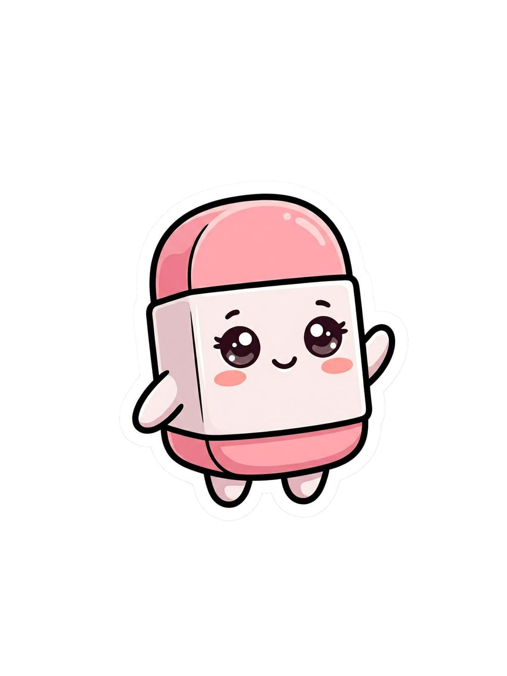 Cute pink eraser sticker featuring a smiling kawaii eraser with rosy cheeks, tiny arms and legs, and a bold white sticker outline.