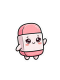 Cute pink eraser sticker featuring a smiling kawaii eraser with rosy cheeks, tiny arms and legs, and a bold white sticker outline.