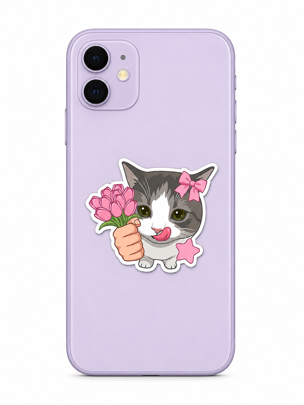 A light purple phone case featuring a cartoon graphic of a gray and white cat holding pink tulips, with a pink bow on its head and a pink star, shown on a plain white background.