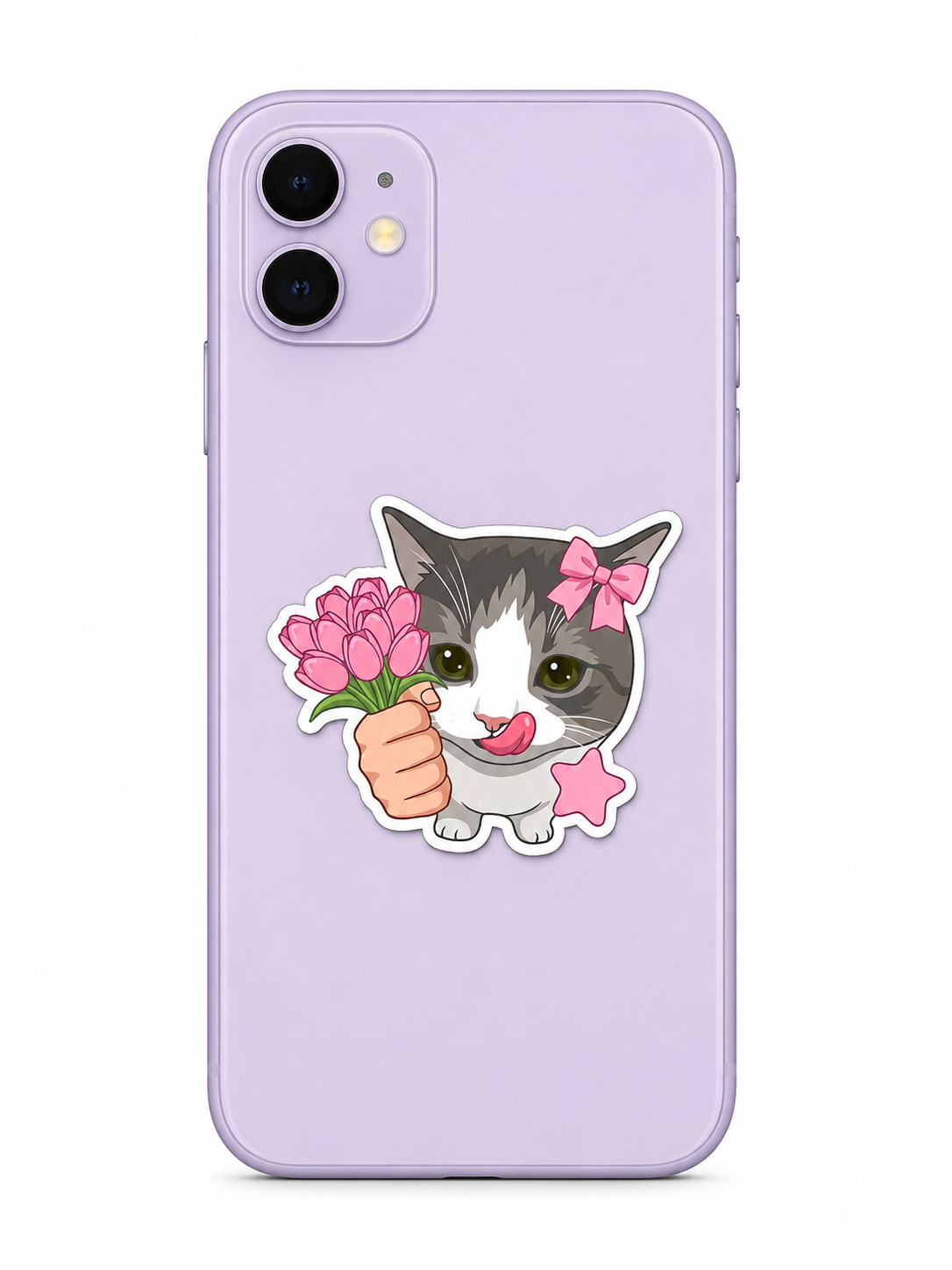 A light purple phone case featuring a cartoon graphic of a gray and white cat holding pink tulips, with a pink bow on its head and a pink star, shown on a plain white background.