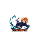 A die-cut sticker featuring the anime character Nobara Kugisaki swinging a hammer with blue nails, above the word 'nobara' in orange stylized text, on a plain white background.