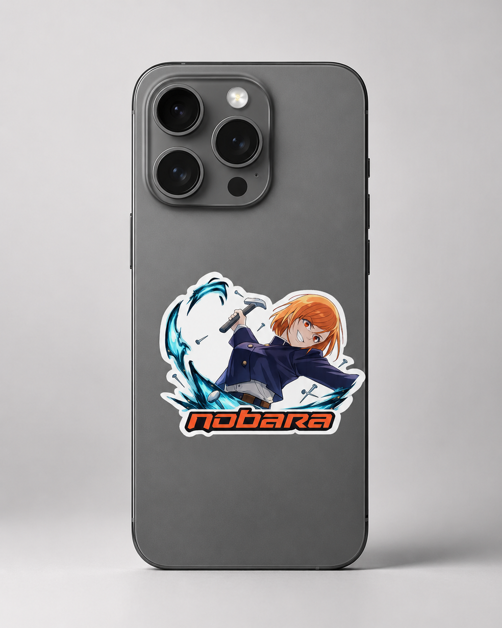 A dark gray smartphone case featuring a printed anime-style character graphic with the word 'nobara' in orange text, shown on a phone against a light gray studio background.