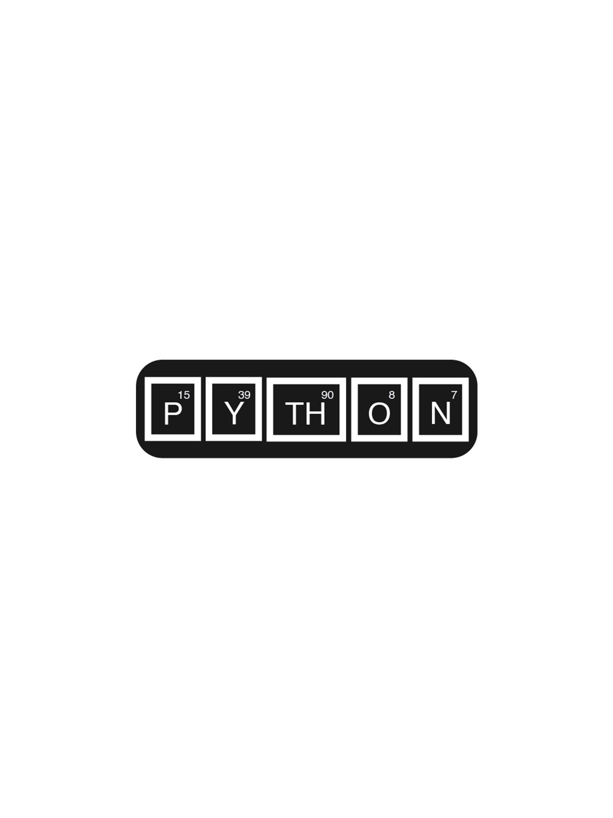 A black rectangular bumper sticker or sign spelling 'PYTHON' using periodic table-style tiles with white letters and numbers, centered on a plain white background.