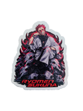 A die-cut sticker featuring an anime-style illustration of Ryomen Sukuna seated on a pile of skulls with glowing red accents, and the text 'RYOMEN SUKUNA' in red at the bottom, shown on a plain white background.