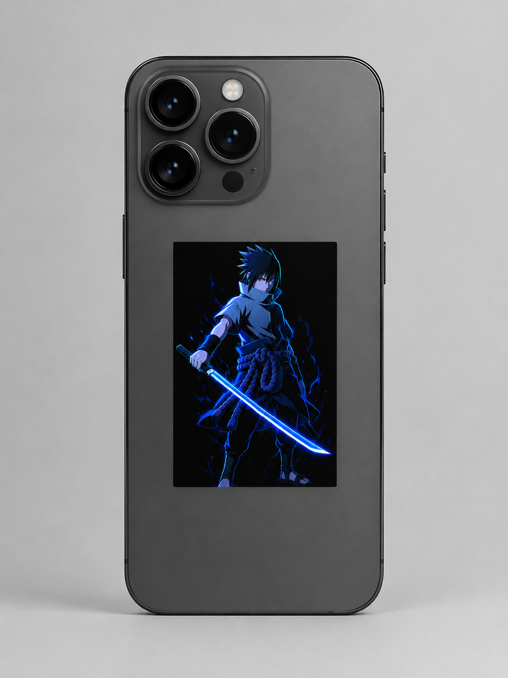 A dark gray smartphone case featuring a graphic print of an anime character sasuke uchiha holding a glowing blue sword, shown on a phone against a neutral gray background.