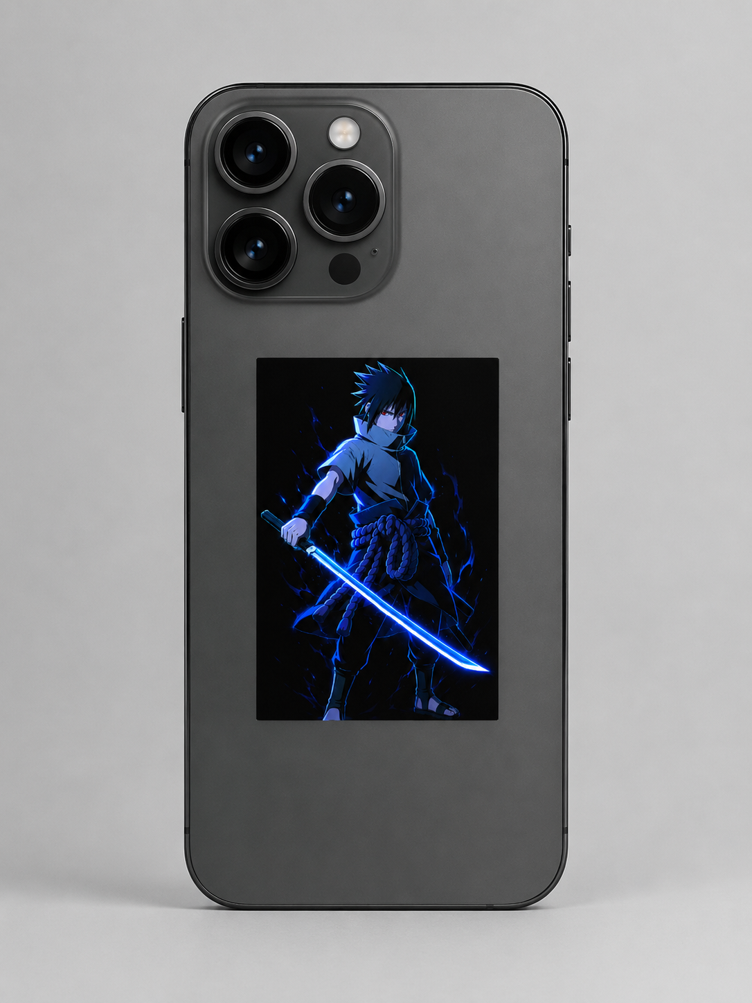 A dark gray smartphone case featuring a graphic print of an anime character sasuke uchiha holding a glowing blue sword, shown on a phone against a neutral gray background.