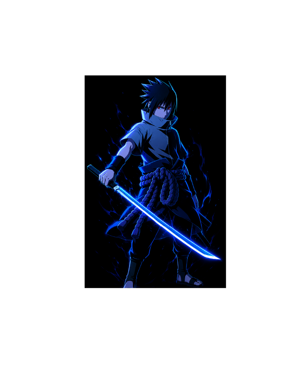 A vertical anime-style illustration of a dark-haired character holding a glowing blue sword against a black background, centered on a white page-like backdrop.