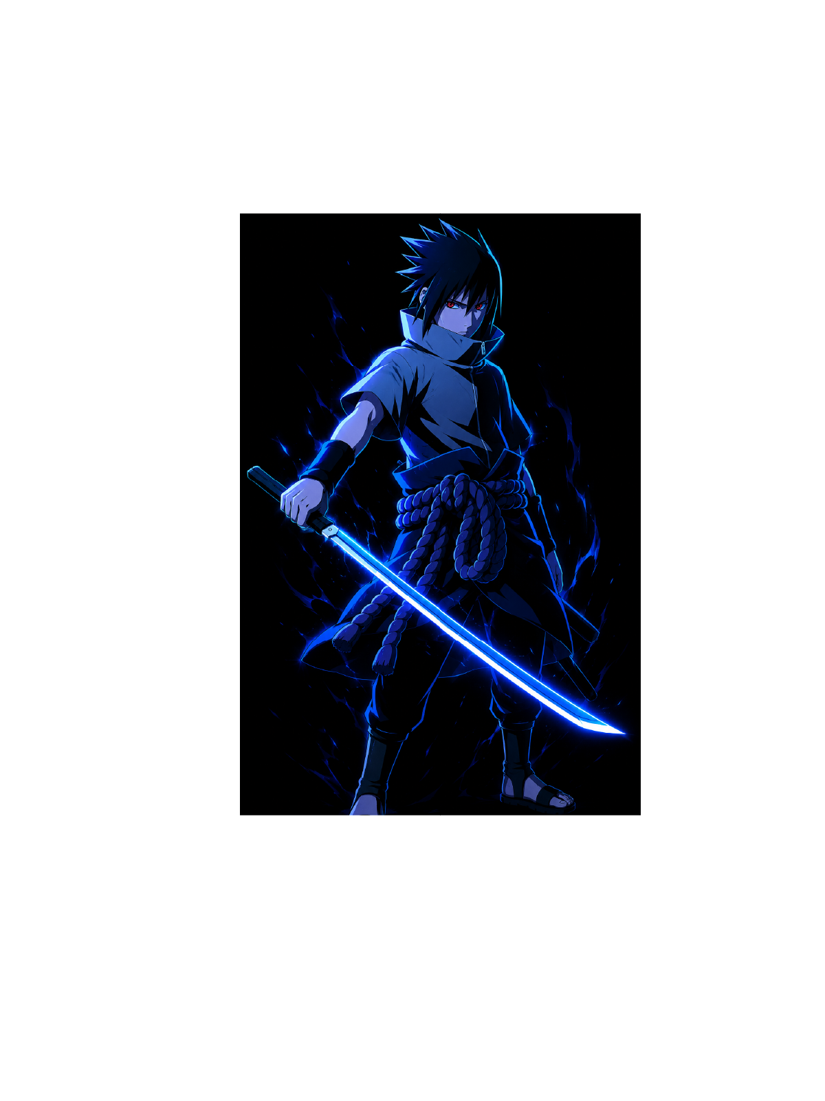 A vertical anime-style illustration of a dark-haired character holding a glowing blue sword against a black background, centered on a white page-like backdrop.
