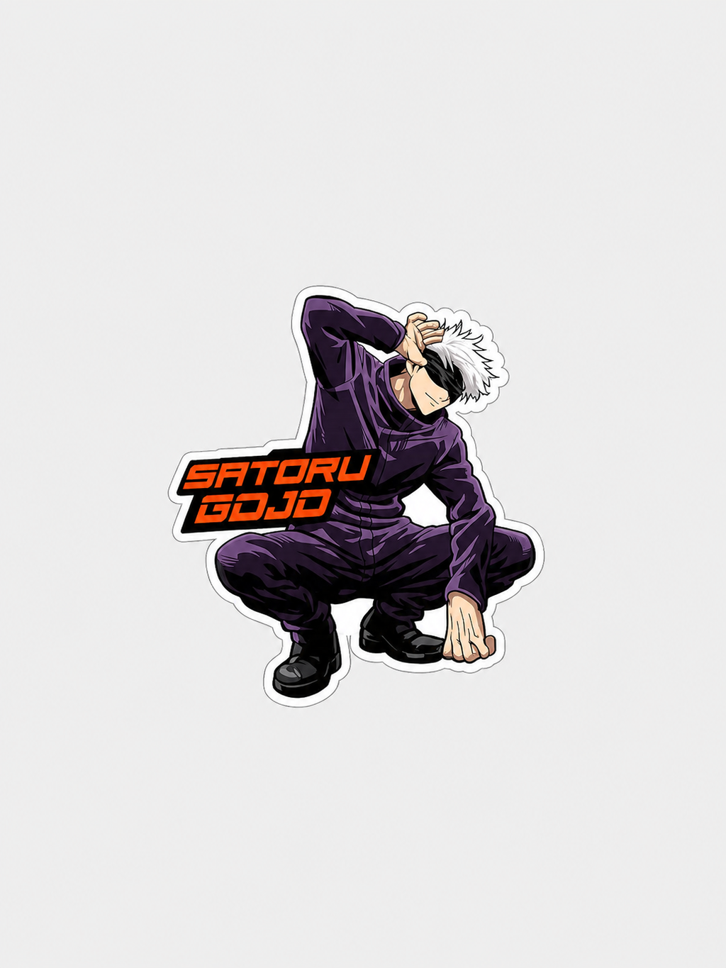 A die-cut sticker featuring the anime character Satoru Gojo from Jujutsu Kaisen in a crouching pose, wearing a dark purple gi with his signature white hair visible, and the text 'SATORU GOJO' in orange and black. The sticker is presented on a solid light gray background.